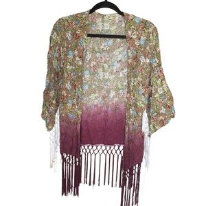 BKE‎ Gimmicks Boho Hippie Floral Kimono Cardigan Fringe Ombre Sheer Festival M